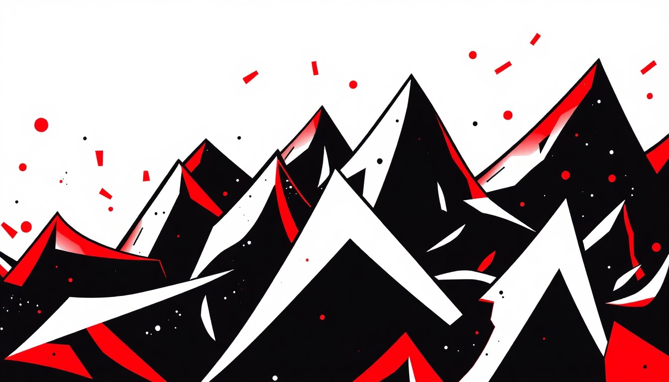 An abstract, minimalist illustration featuring sharp, angular shapes in black, white, and red, conveying the dynamic energy of the San Diego music scene.