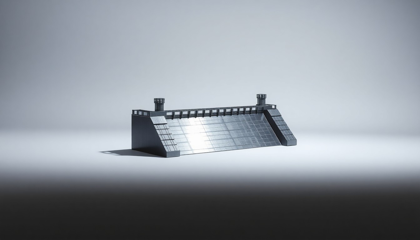 A close-up photograph of a sleek, metallic model of a dam or flood control structure, resting on a clean white background and dramatically lit to convey the precision and power of Army Corps civil engineering projects.