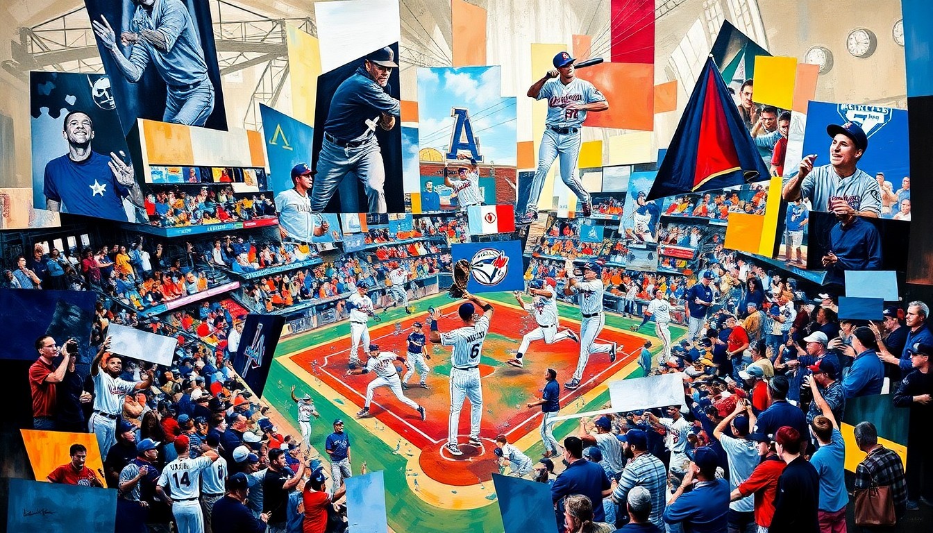 A fractured, cubist-style painting depicting the chaotic final moments of a high-stakes baseball game, with players and field elements broken down into sharp, overlapping geometric shapes and planes of color.