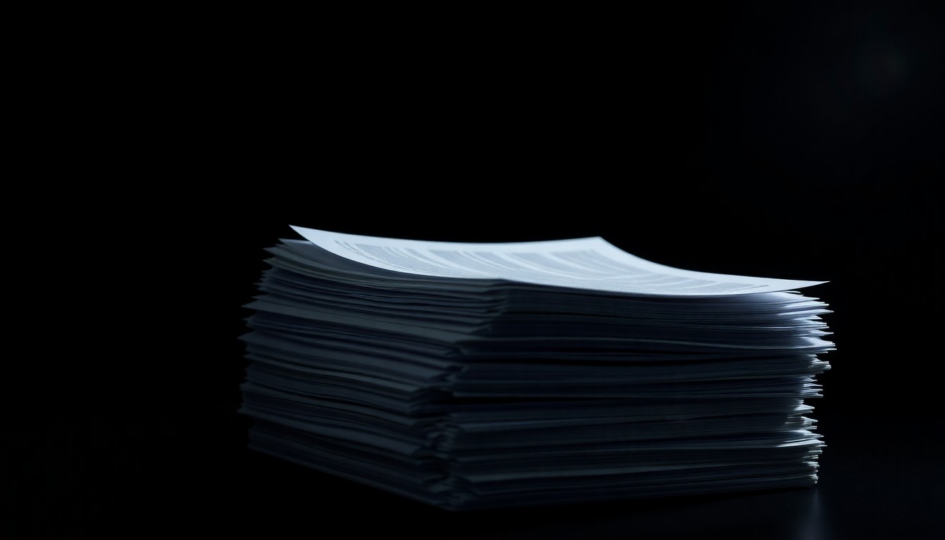 An extreme close-up of a stack of medical documents and files lit by a harsh, direct camera flash, conceptually representing the uncovering of a major healthcare fraud scheme.