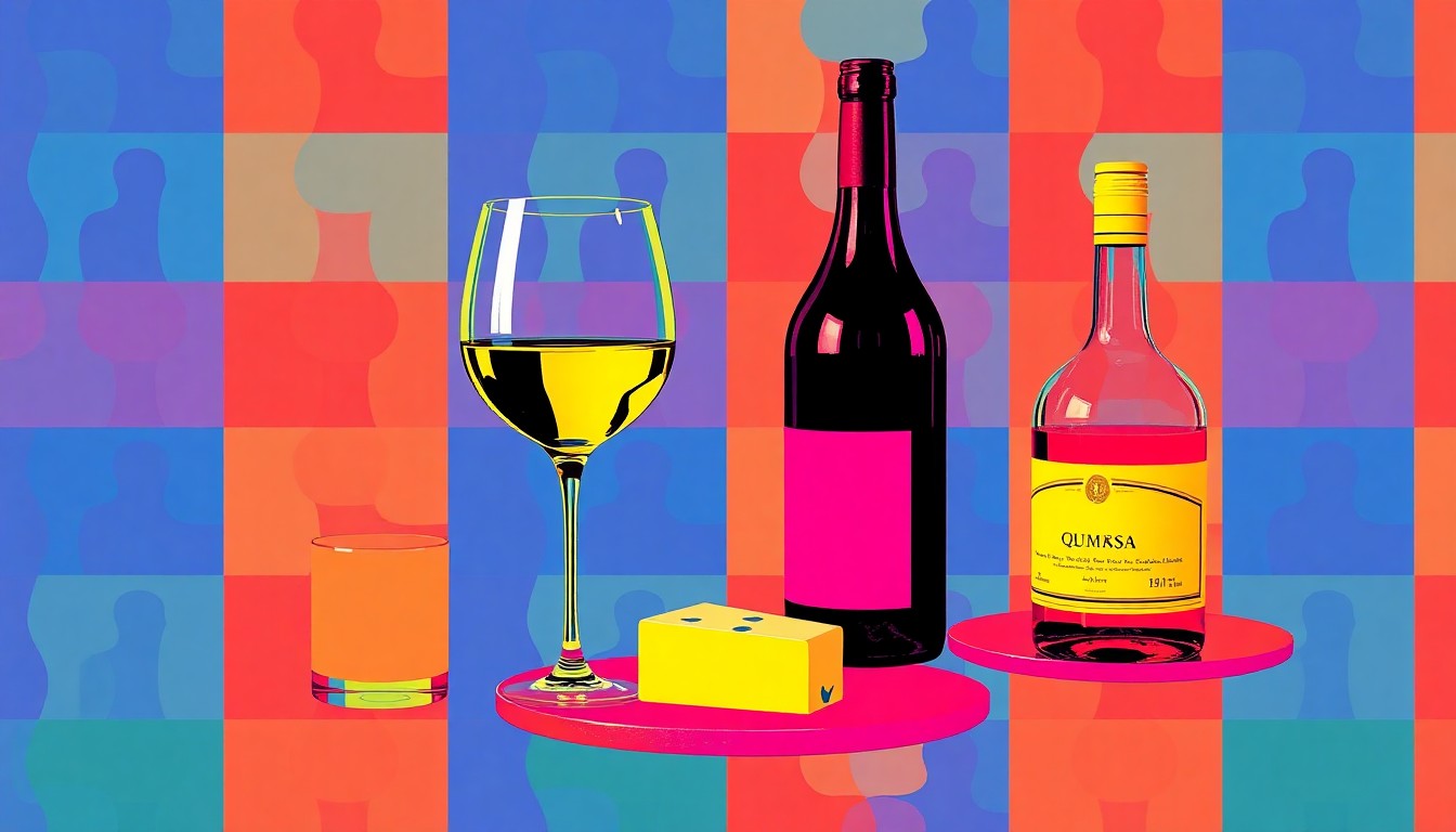 A vibrant, high-contrast silkscreen print featuring repeated images of a wine glass, cheese plate, and bottle of spirits in a bold, pop art style.