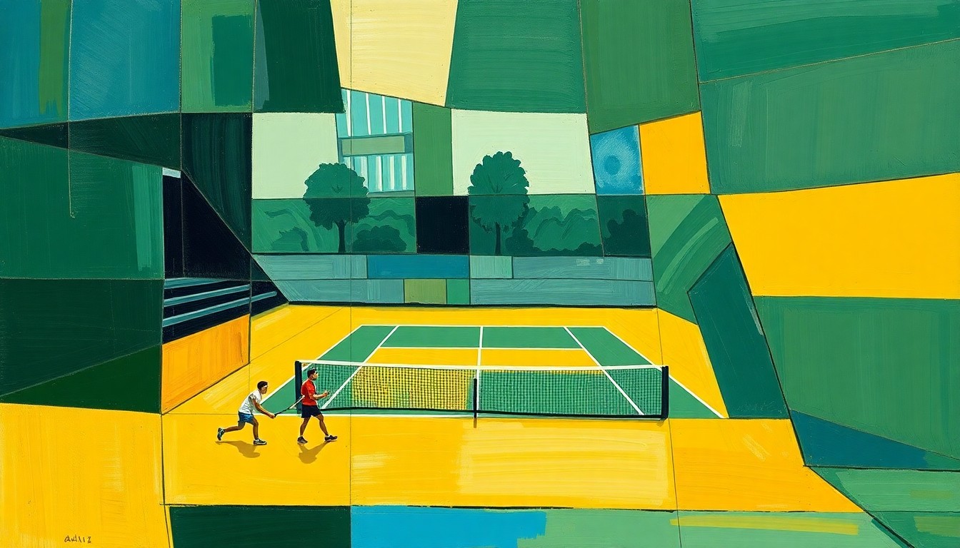 A fragmented, geometric painting depicting the dynamic movements and competitive energy of a college tennis match, with sharp planes of green, blue, and yellow hues.