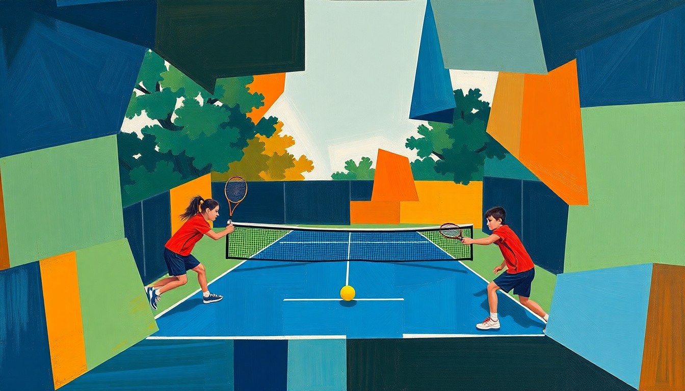 A fragmented, cubist-style painting depicting a high school tennis match, with the players and court broken down into sharp, overlapping geometric shapes in a palette of navy, green, and orange, conveying the competitive energy and skill of the event.