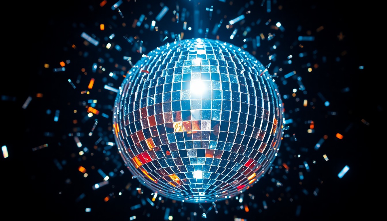An extreme close-up of shattered disco ball fragments reflecting dramatic beams of light, conveying the glamorous energy of a country music video production.