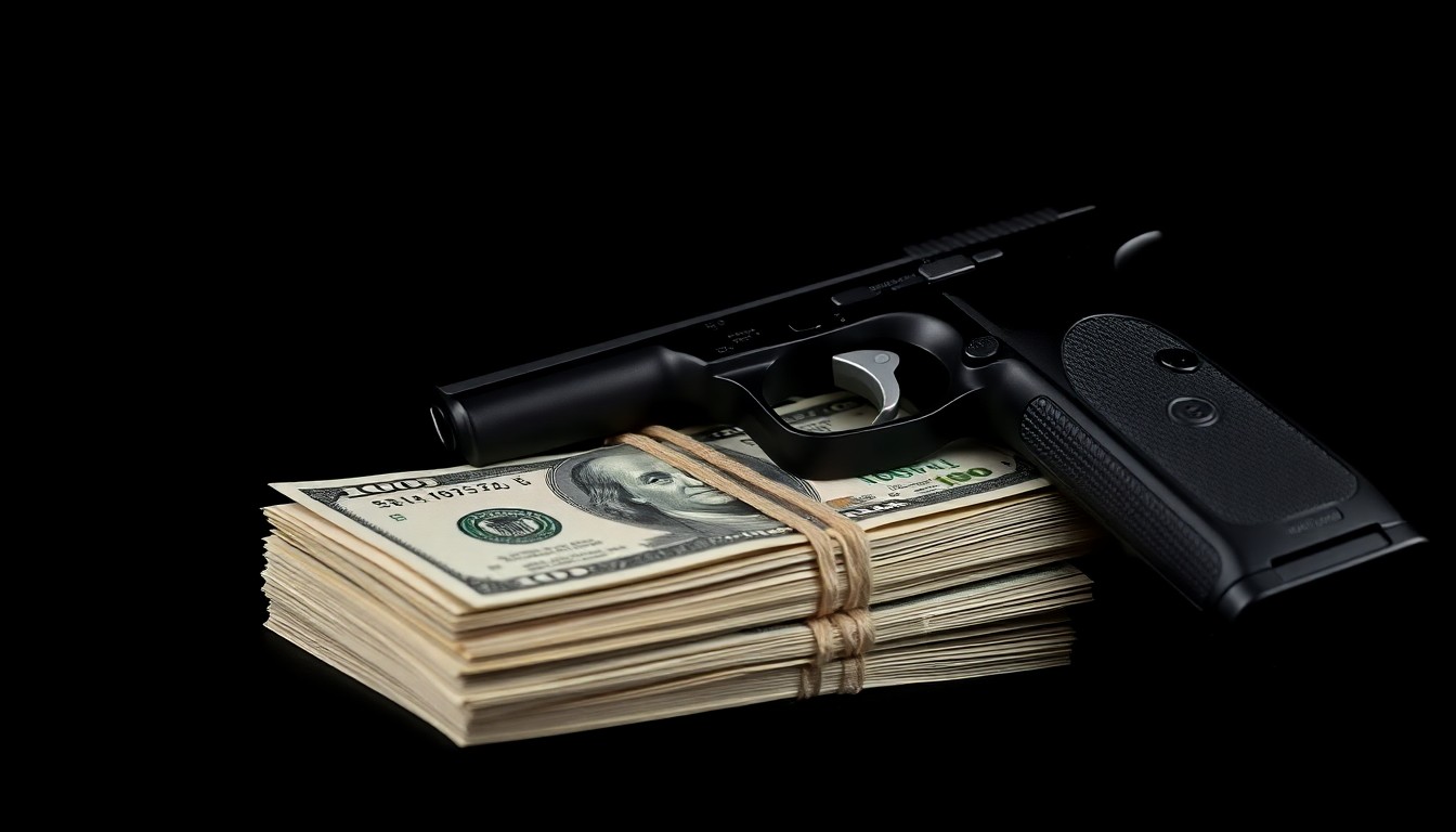 An extreme close-up photograph of a stack of cash and a handgun against a pitch-black background, conveying the serious, investigative nature of this hospice fraud case without depicting any actual violence or victims.