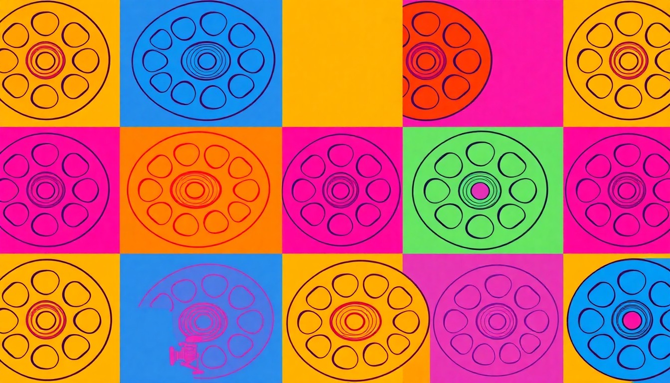 A brightly colored, high-contrast silkscreen print of a single, iconic film reel icon repeated in a tight grid pattern, conceptually representing the educational program's use of filmmaking to address the spread of misinformation.