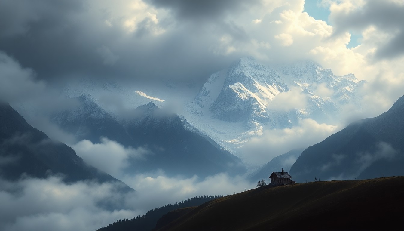 A vast, atmospheric landscape painting depicting a snow-capped mountain range shrouded in heavy fog and dramatic lighting, with a small cabin nestled in the valley below, conveying the overwhelming scale and power of the natural environment.