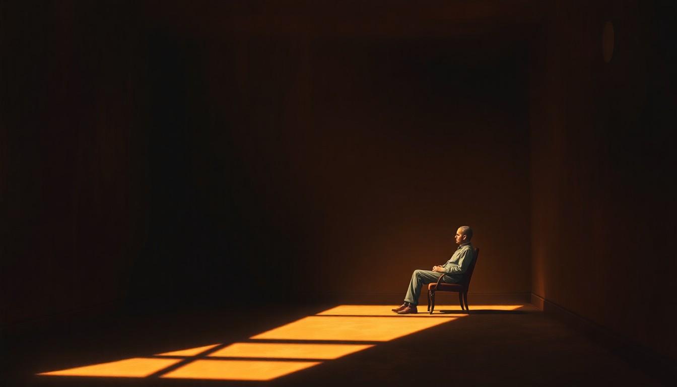 A solitary figure sits alone in a dimly lit room, bathed in warm, diagonal sunlight and deep shadows, evoking a sense of isolation and unease.