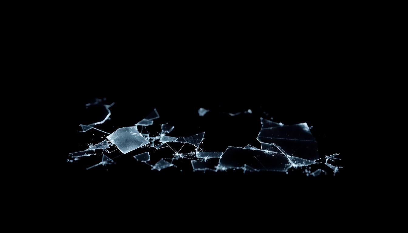 An extreme close-up photograph of a shattered cell phone screen, lit by a harsh, direct camera flash against a pitch-black background, conceptually representing the evidence in a criminal investigation.