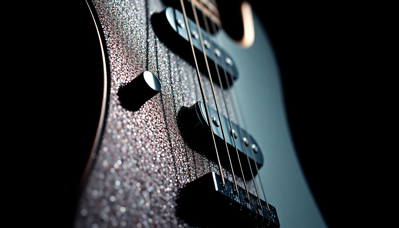An extreme close-up photograph of the intricate metal hardware and glossy finish of an electric guitar, capturing the high-end, luxurious aesthetic of a rock star's instrument under dramatic studio lighting.