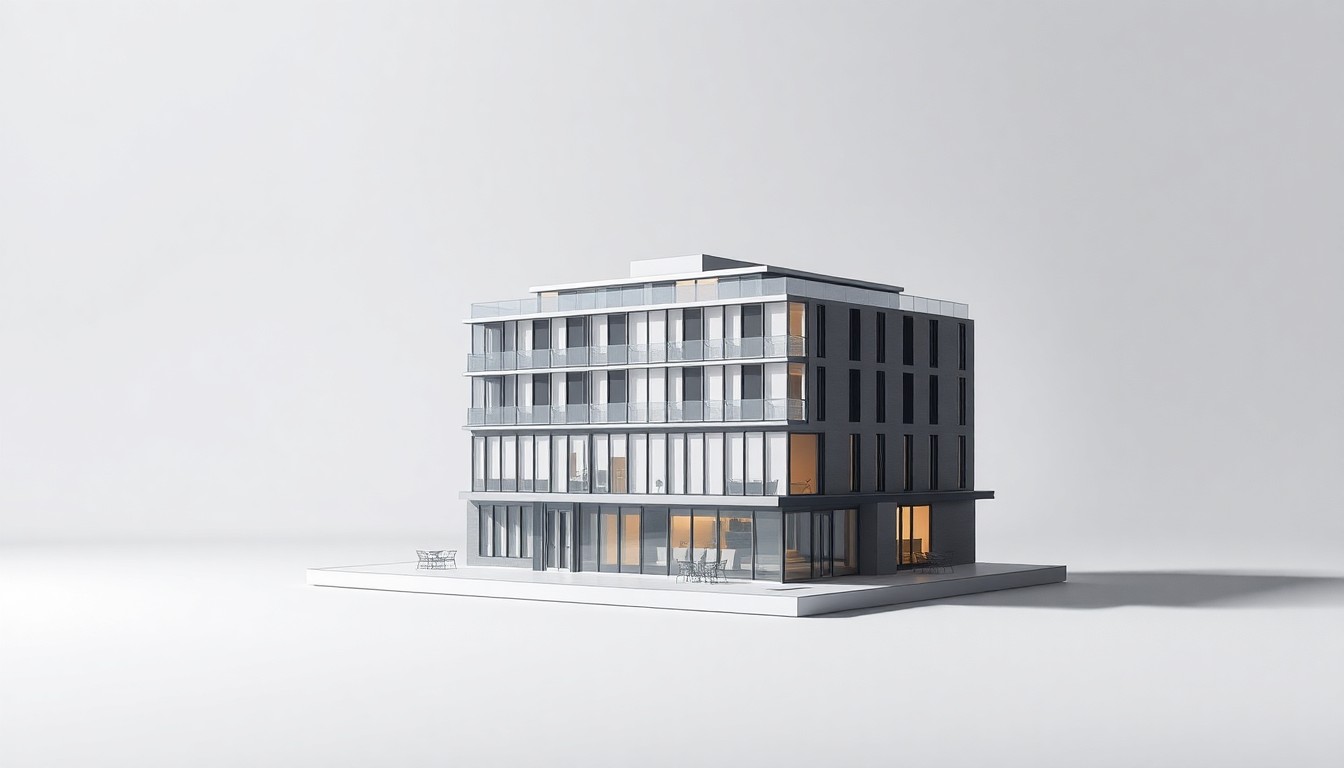 A high-end, photorealistic studio still-life photograph featuring a sleek, modern architectural model of the Fieldhouse Flats development, made from polished metal and glass and floating on a clean, white background with dramatic studio lighting.