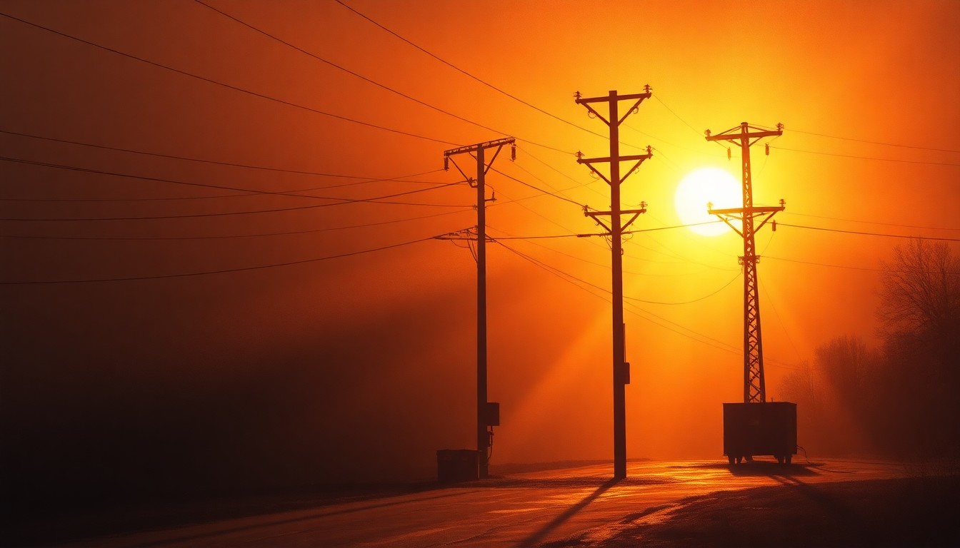 A realistic oil painting depicting a lone power line pole or electrical substation in a urban setting, bathed in warm, diagonal sunlight and deep shadows, conveying a sense of quiet contemplation about the energy challenges facing Ohio communities.