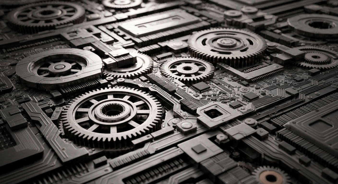 An extreme close-up of intricately detailed gears, circuits, and other industrial machinery in muted tones of steel, copper, and black, conceptually representing the complex financial infrastructure and data processing capabilities of the AI and analytics company BigBear.ai.