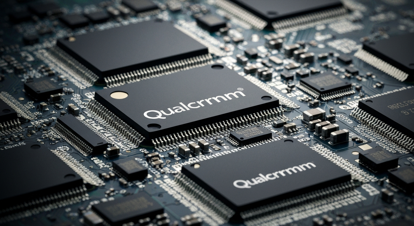 An extreme close-up of a heavily textured, industrial-looking Qualcomm microchip or circuit board, conveying the complex, physical nature of the company's technology and the financial forces impacting its performance.