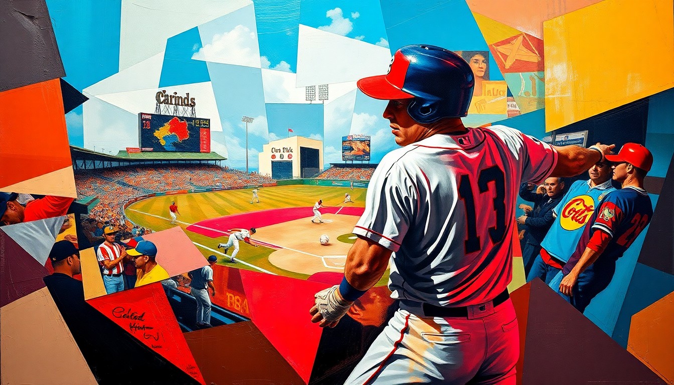A fragmented, geometric painting depicting a baseball player in motion, with sharp planes of color and overlapping perspectives, conveying the complex negotiations around Harper's future in Philadelphia.