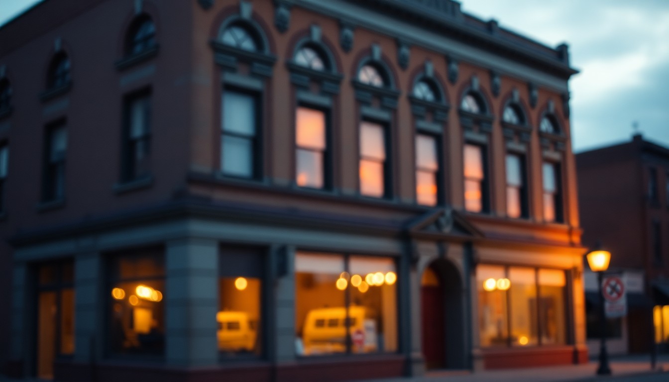 An impressionistic, out-of-focus photograph of a historic building in Moorhead, Minnesota, with warm pools of light and color reflecting off the windows and facade, evoking a sense of the city's rich history and heritage.