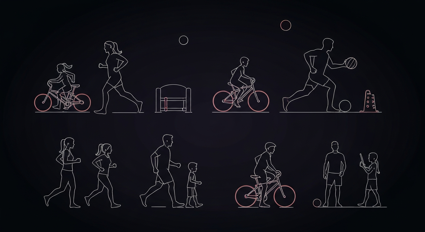 A vibrant neon outline illustration depicting a family engaged in various fitness activities, conveying the energy and wellness focus of the Gateway to Health community event.