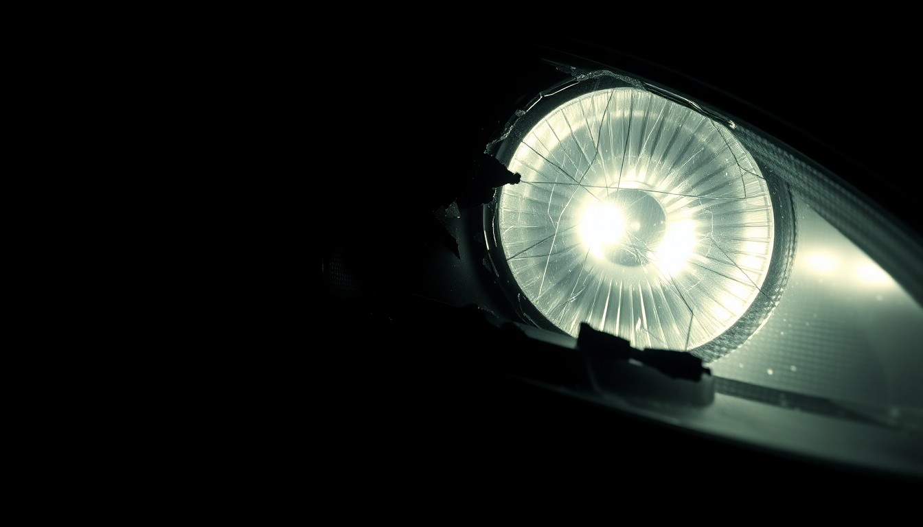 An extreme close-up photograph of a damaged car part, such as a broken side mirror or cracked headlight lens, lit by a harsh, direct camera flash against a pitch-black background, conceptually illustrating the aftermath of a serious car crash.