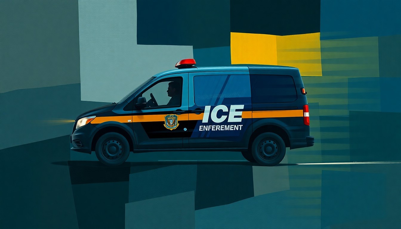 An abstract, fragmented painting depicting a blurred ICE vehicle in motion, conveying the tension and conflict between state and federal authority over immigration policy.