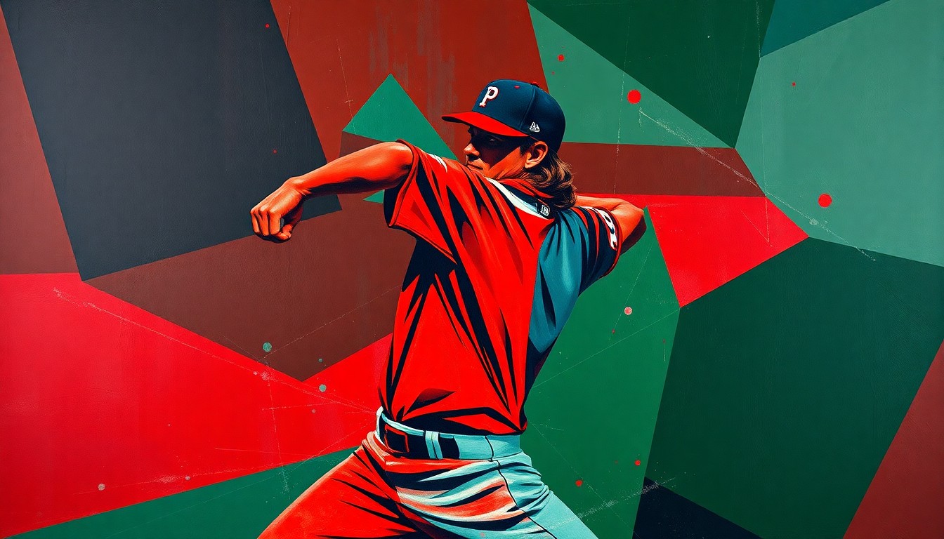 A fragmented, geometric painting depicting a baseball pitcher's motion broken down into sharp, overlapping planes of color, representing the need for the Red Sox's pitching staff to find more consistency and cohesion.