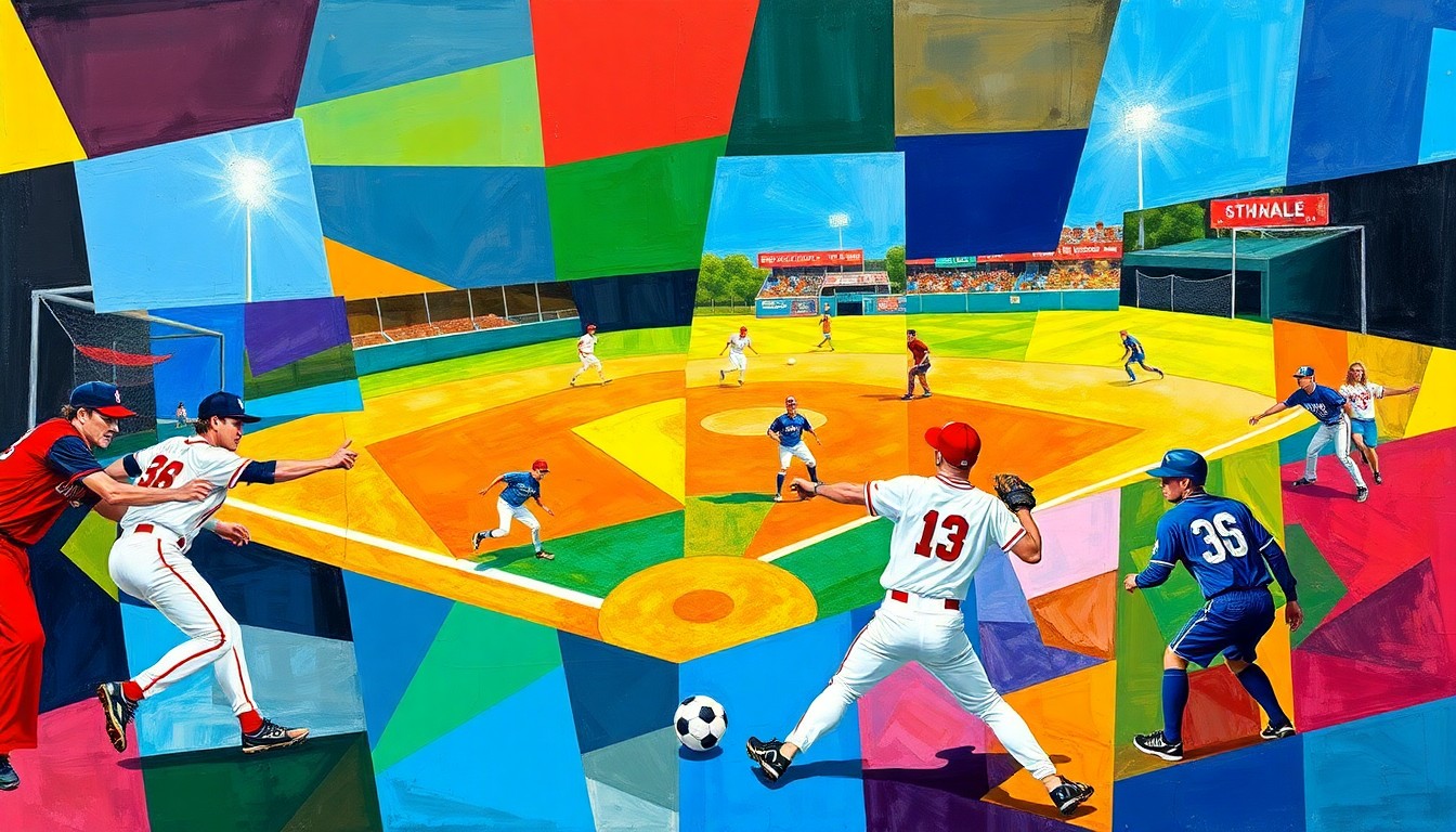 A fractured, cubist-style painting depicting overlapping geometric shapes and planes in vibrant colors, representing baseball and soccer players in motion and capturing the athletic energy and competitive spirit of Kankakee-area professional athletes.