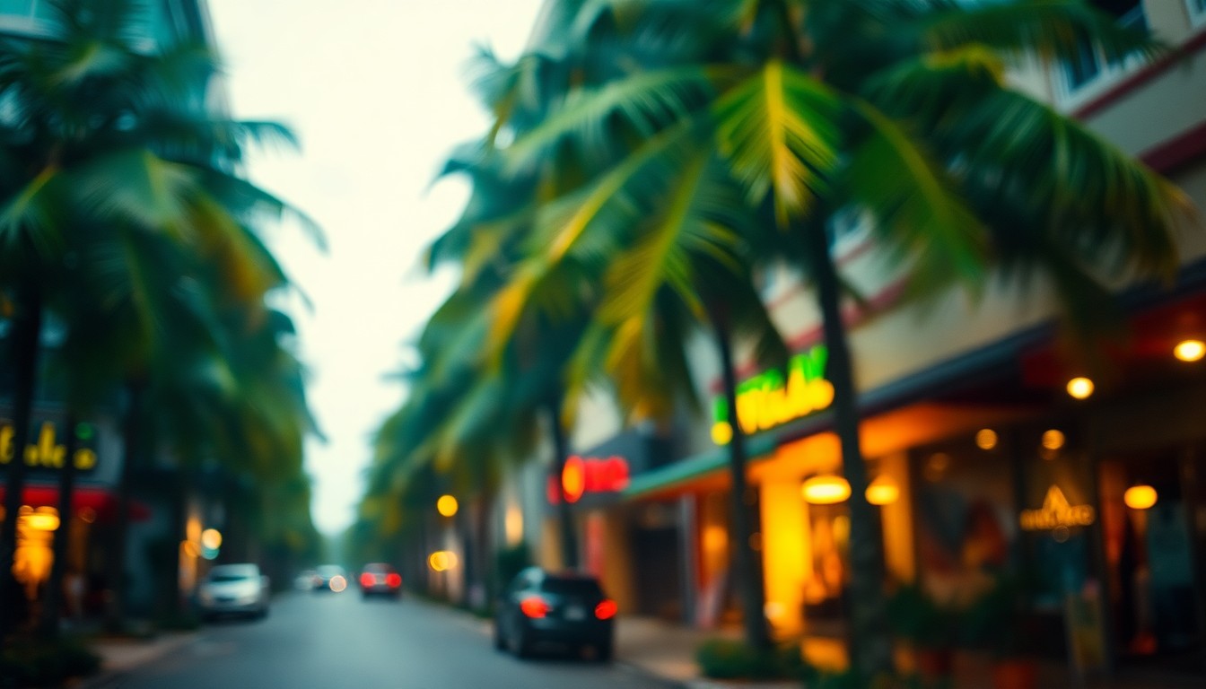 An extremely abstracted, out-of-focus photograph in warm hues of a vibrant Miami neighborhood scene with palm trees, storefronts, and a sense of community energy and prosperity.
