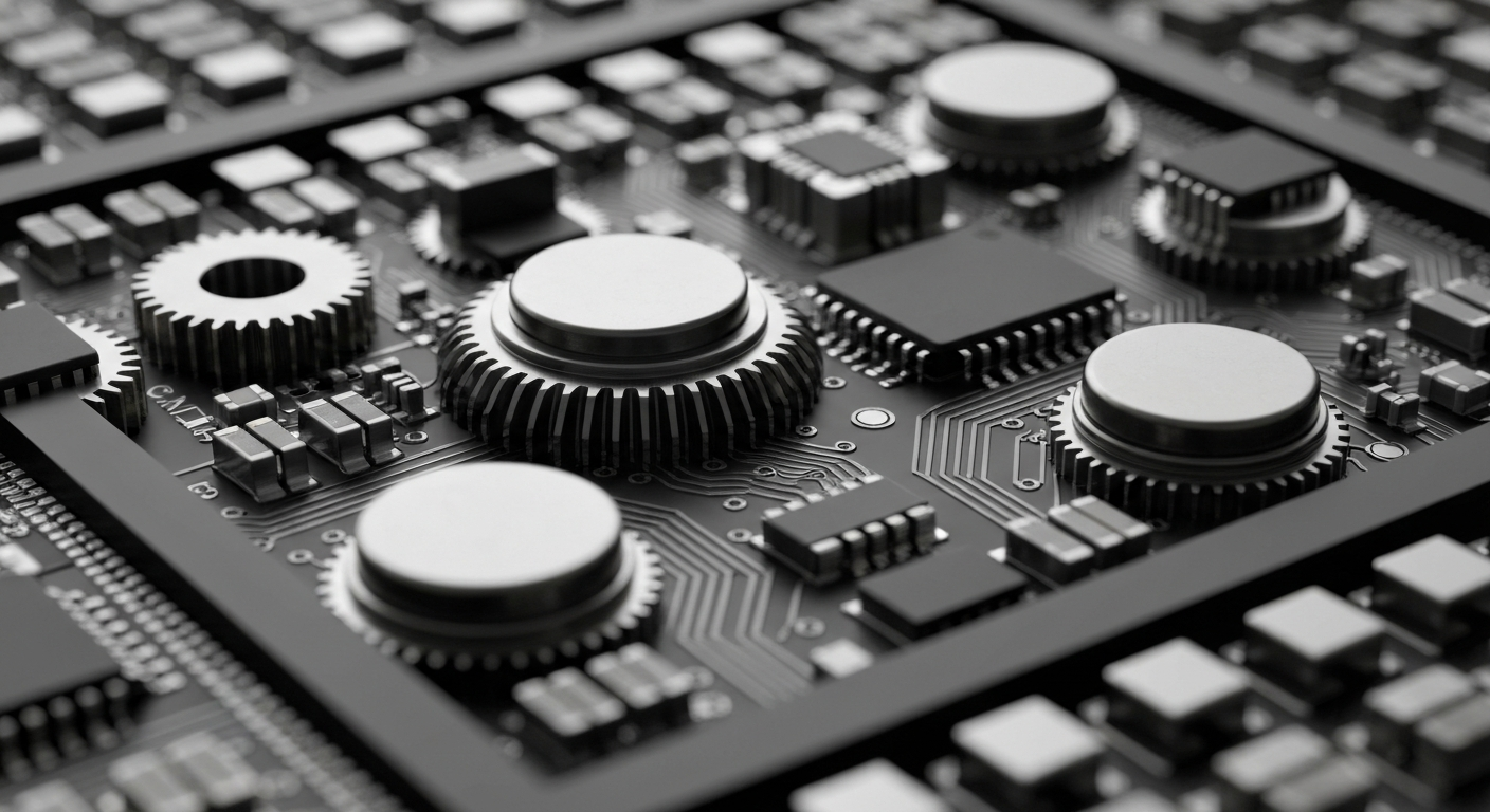 A highly detailed, black-and-white macro photograph of the intricate components and circuitry inside a semiconductor chip, conveying the complex nature of modern financial infrastructure and technology.