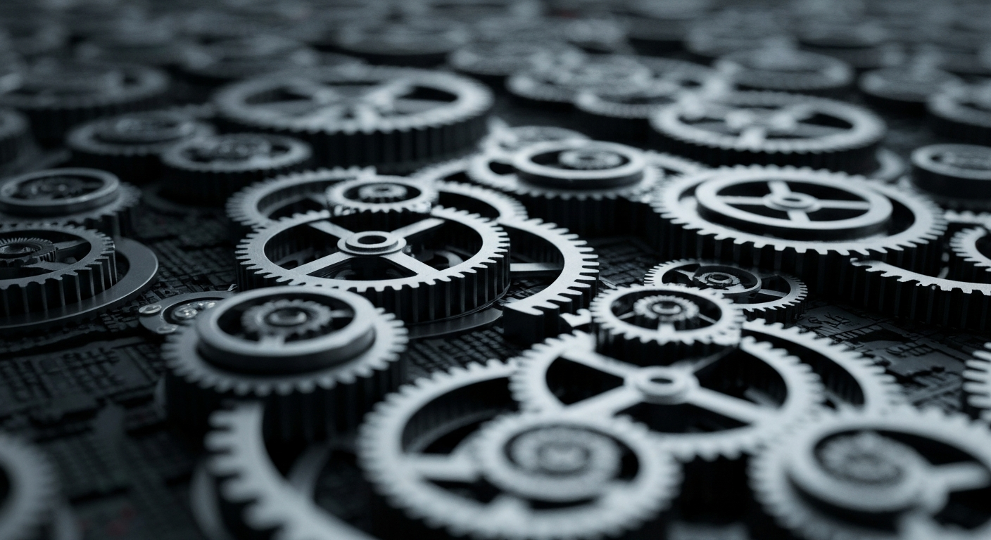 An extreme close-up of the intricate metal gears and components of a Nasdaq trading terminal, conveying the complex machinery that powers global financial markets.