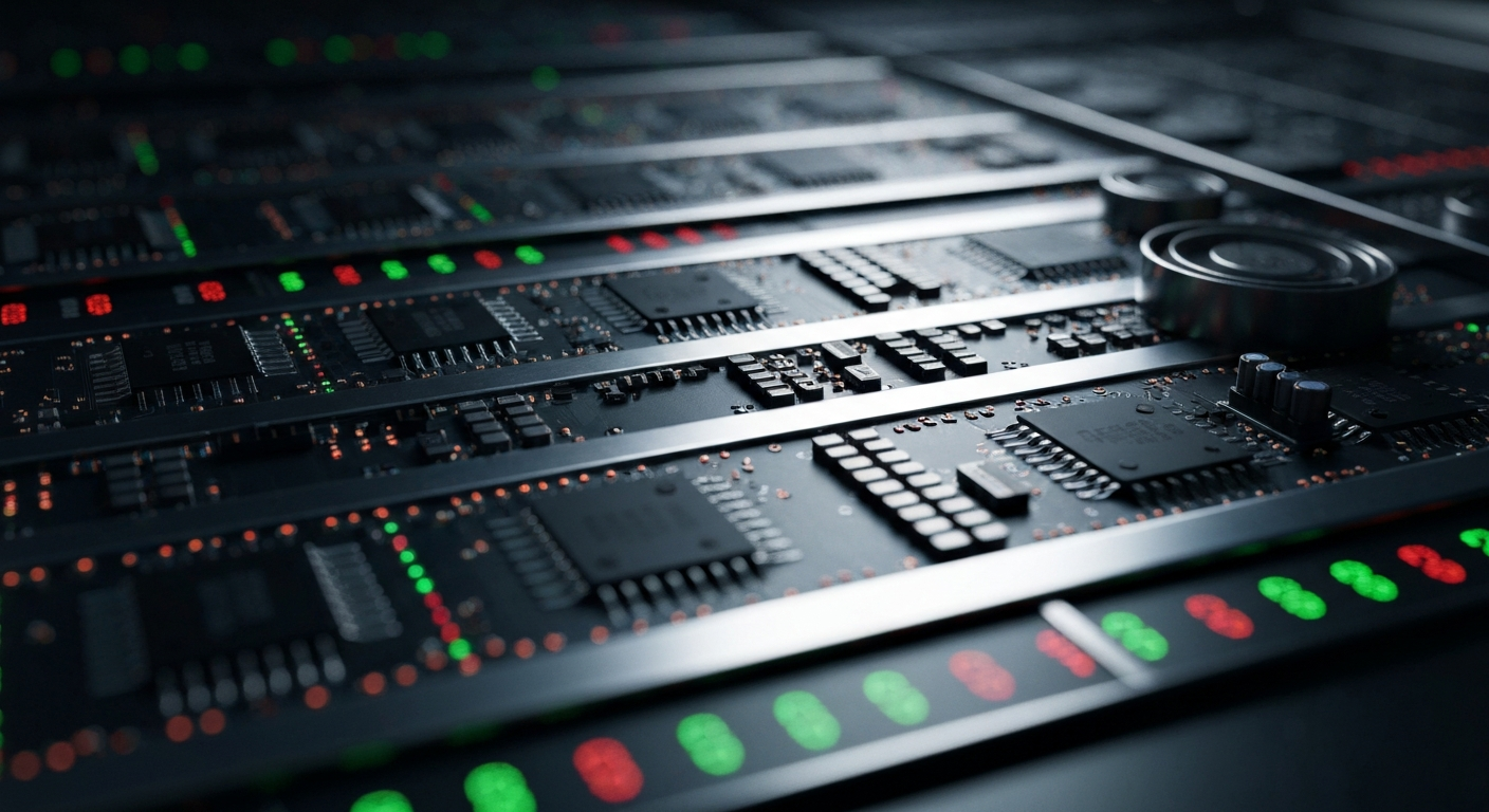 An extreme close-up of the inner workings of a stock trading terminal, with a complex array of circuits, blinking lights, and metallic components filling the frame, conveying a sense of the power and complexity of modern finance.