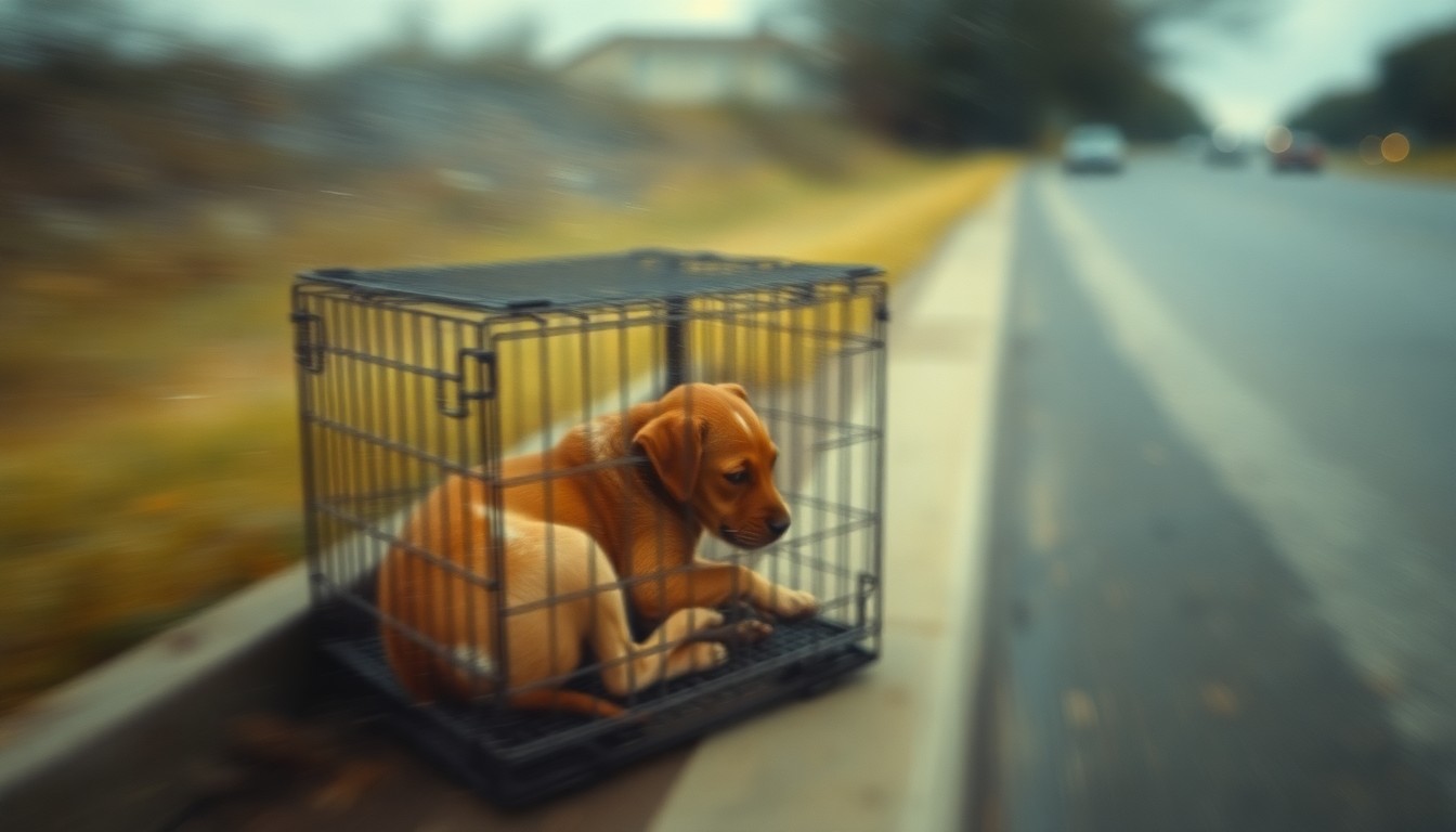 An extremely blurred, soft-focused image depicting a small, skeletal dog curled up in a crate on the side of a road, with the scene obscured by layers of condensation or rain-streaked glass, conveying a sense of vulnerability and the fragility of life.
