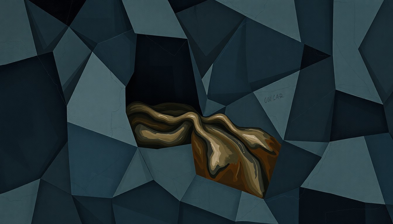 A dynamic, fragmented painting in shades of gray, brown, and blue shows a cracked, leaking pipe spewing toxic coal ash sludge, conveying the environmental hazards of the EPA's proposed rule changes.