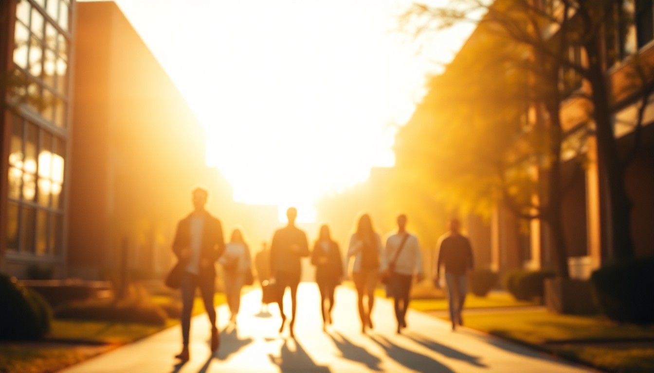 An abstract, impressionistic photograph of students walking on a blurred university campus, with warm, soft light and color creating a dreamlike, atmospheric scene.