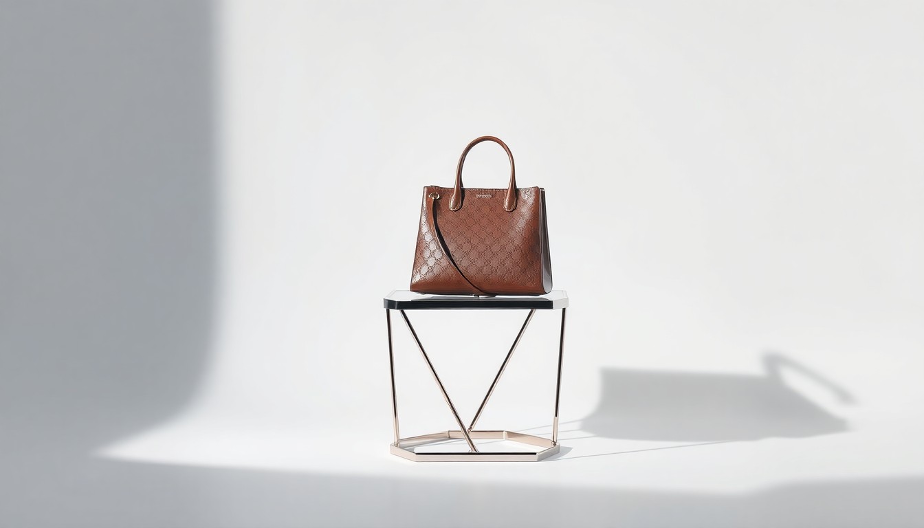 A minimalist, photorealistic studio still life featuring a single premium handbag displayed on a polished chrome stand, symbolizing the importance of high-end retail curation for landlords.