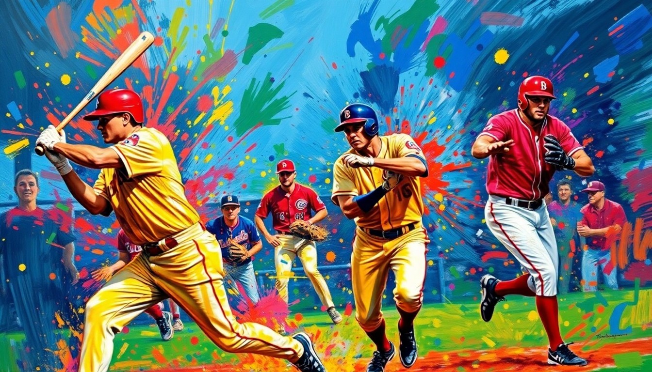 An abstract, expressionist painting in vibrant neon colors, capturing the dynamic motion and energy of baseball players in action, with their uniforms and equipment blending into a chaotic, energetic composition.
