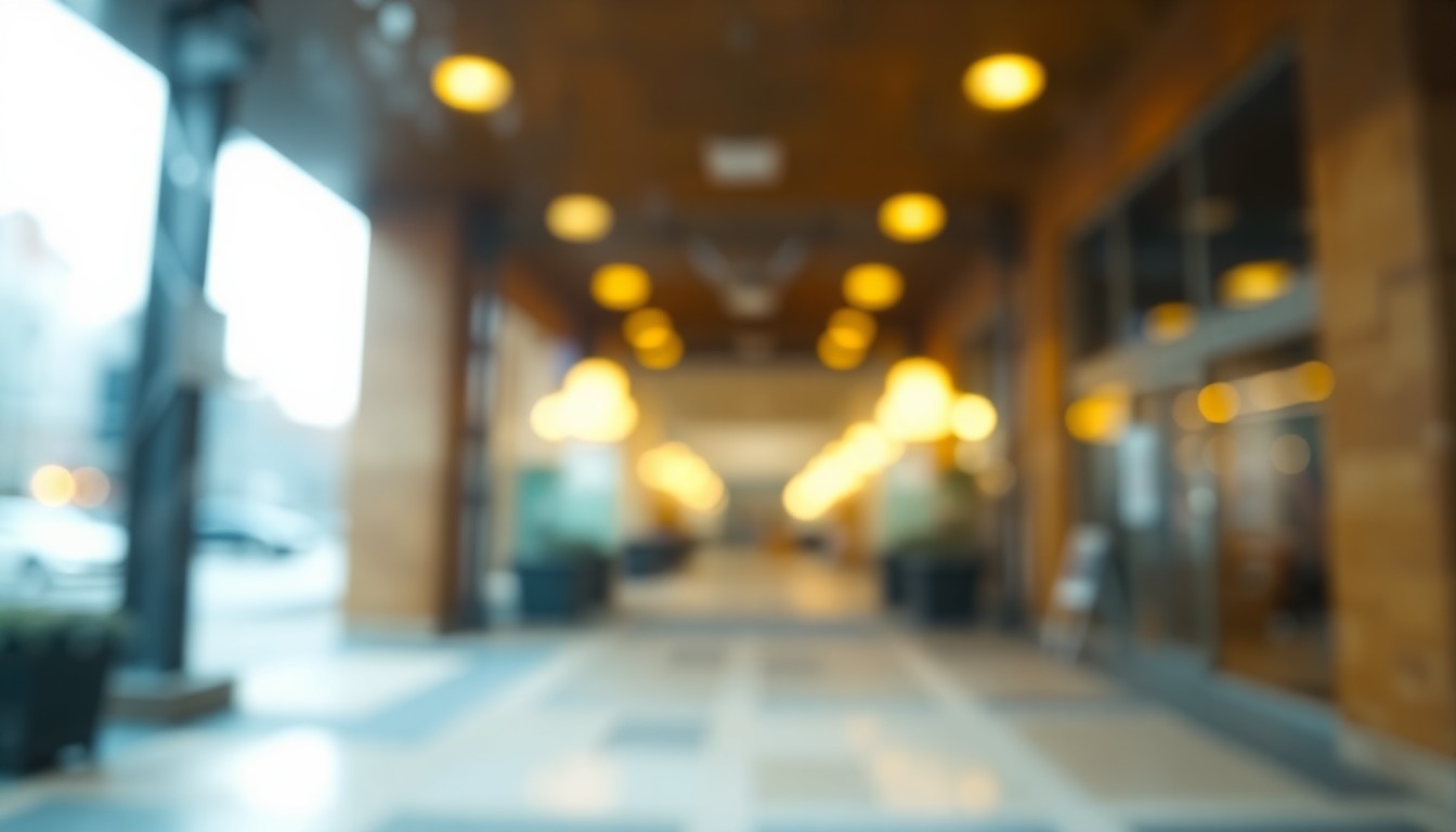 An abstract, impressionistic photograph of a blurred city hall building or newspaper office, with soft, warm pools of yellow, orange, and blue light creating a sense of community and civic engagement.