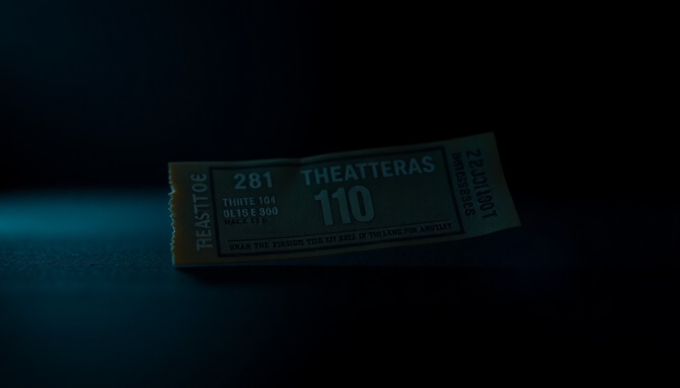 An extreme close-up of a crumpled theater ticket stub, the harsh flash illuminating the textured paper and creating dramatic shadows, conceptually representing the gritty investigation into alleged crimes at the performing arts center.