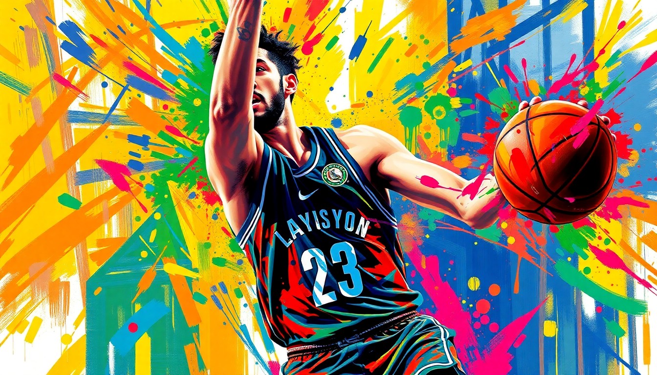 A vibrant, expressionist painting in neon colors depicting Jayson Tatum driving to the hoop, his face and jersey dissolving into unrecognizable splatters, capturing the raw energy and competitive spirit of his remarkable return from injury.