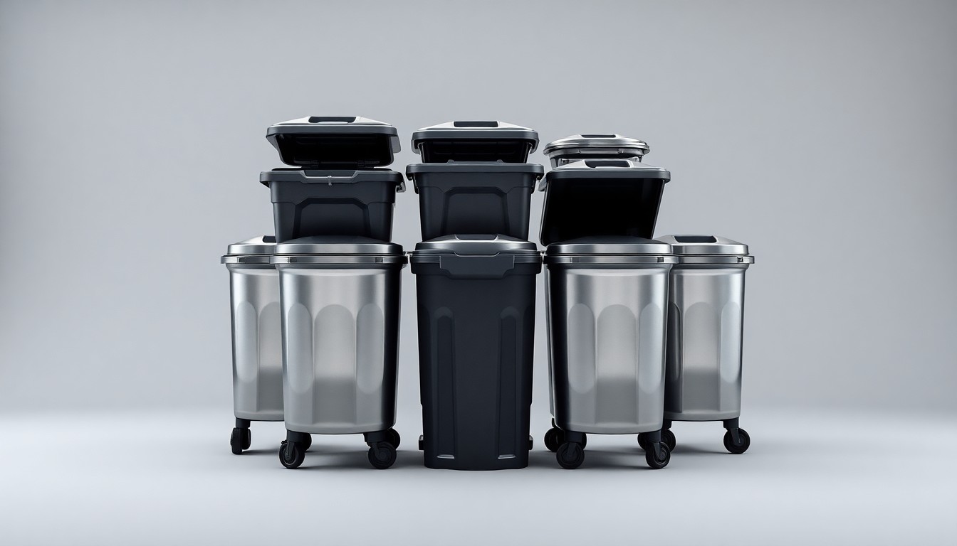 A high-end, photorealistic studio still-life photograph featuring a stack of neatly organized trash bins and recycling containers made from polished stainless steel, arranged elegantly on a clean, monochromatic background and dramatically lit to represent the abstract corporate strategy and financial considerations behind municipal waste management.