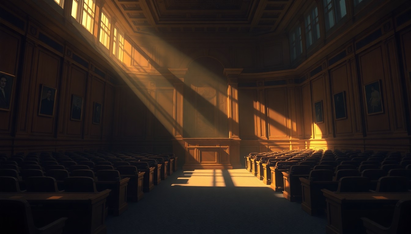 A dimly lit, cinematic painting of an empty city council chamber, with warm sunlight streaming through the windows and deep shadows cast across the empty seats, conveying a sense of political tension and uncertainty.