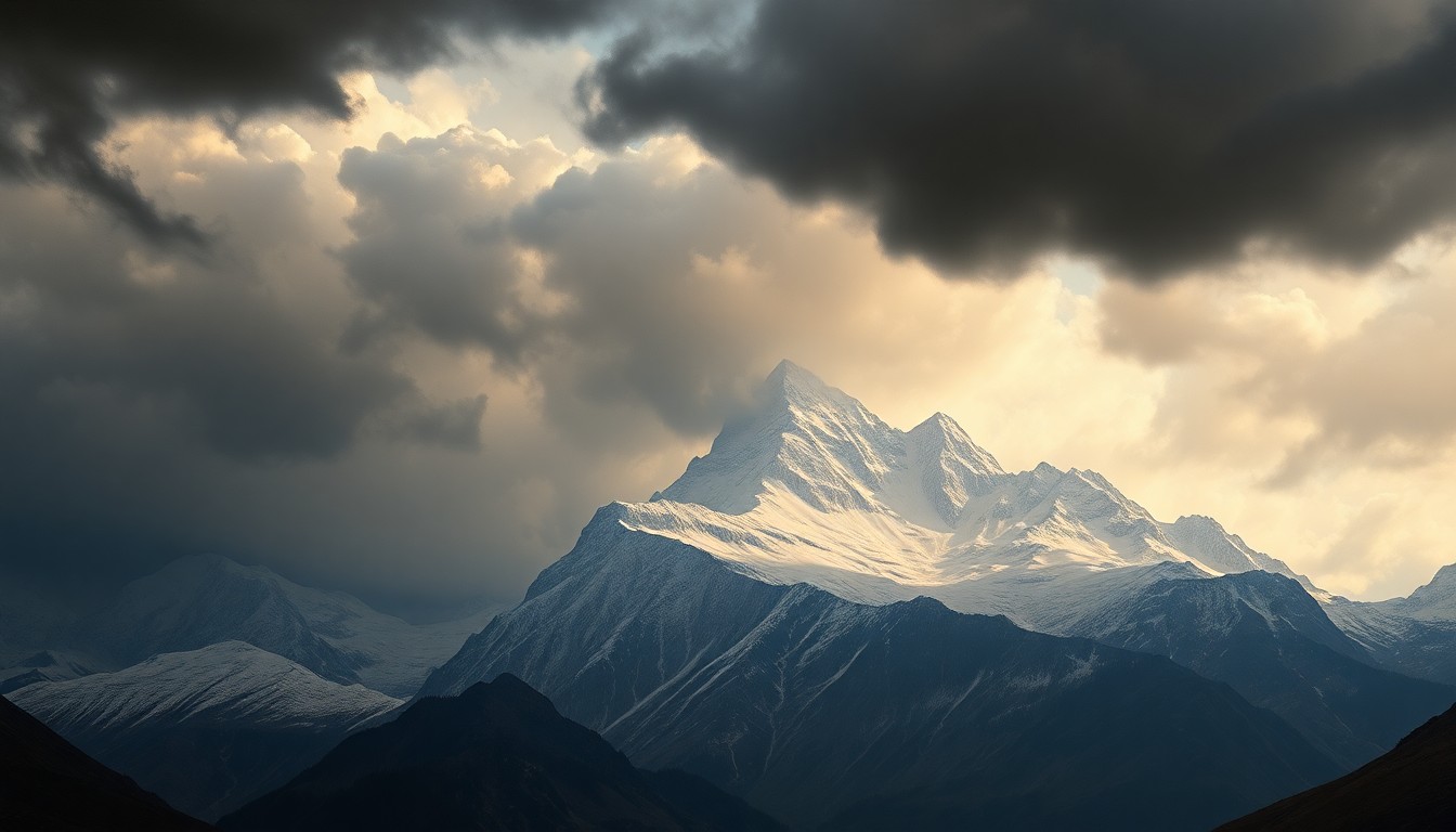 A dramatic, atmospheric landscape painting depicting a stormy, snow-capped mountain range under a brooding, turbulent sky, conveying the overwhelming scale and power of the impending weather system.