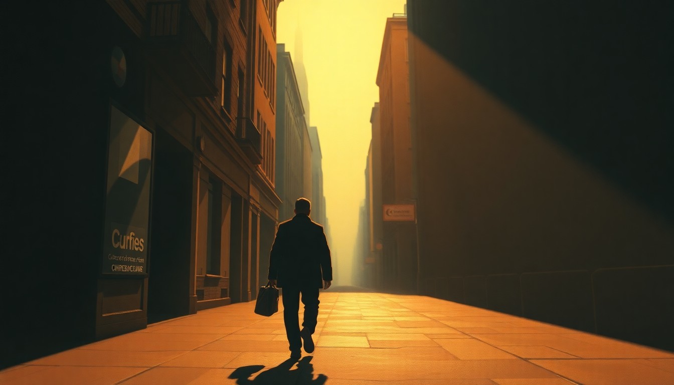A serene, painterly scene of a lone figure walking down a city sidewalk, the buildings and streetscape rendered in muted, earthy tones with dramatic lighting and shadows, conveying a sense of quiet contemplation around the challenges facing immigrant communities.