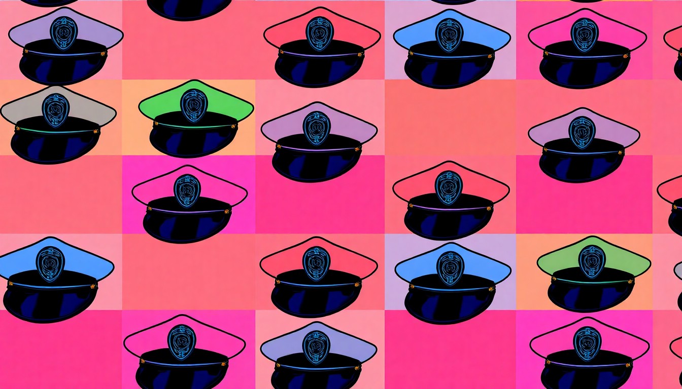 A highly stylized, abstract silkscreen print featuring a repeating pattern of a police officer's uniform hat in bright neon colors, conceptually representing the new training facility's role in shaping the future of law enforcement in East Texas.