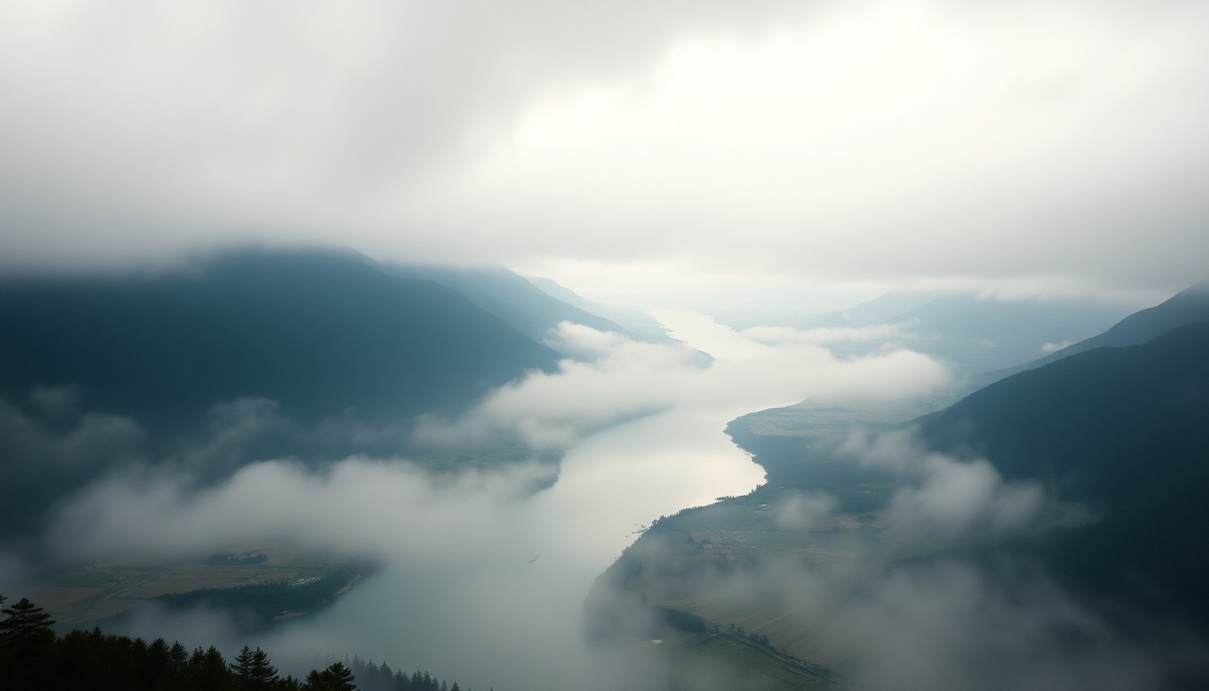 A sweeping, atmospheric landscape painting in muted tones of gray, blue, and green, depicting the Yakima River basin obscured by heavy fog and mist, conveying the overwhelming scale and power of the natural environment.