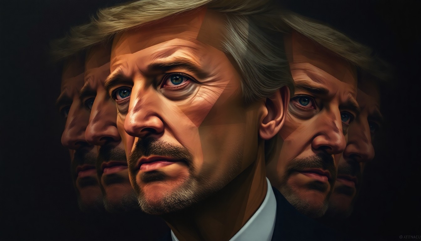 A fragmented, abstract painting depicting Stephen Miller's face in overlapping, geometric shapes of dark, muted colors, creating a sense of unease and instability around his role in the administration's immigration policies.