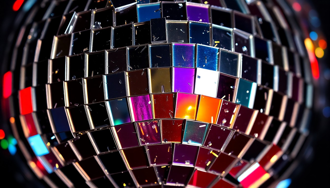 An extreme close-up of shattered disco ball fragments reflecting a vibrant array of colors, creating a high-fashion, glamorous aesthetic that evokes the energy of a dance music event.