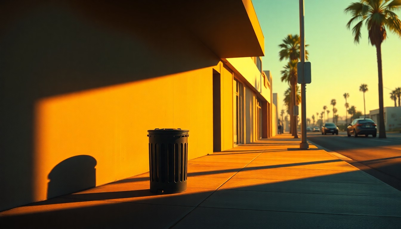 A realistic painting of a lone trash can on a San Diego sidewalk, with warm sunlight casting deep shadows and creating a contemplative, cinematic mood.