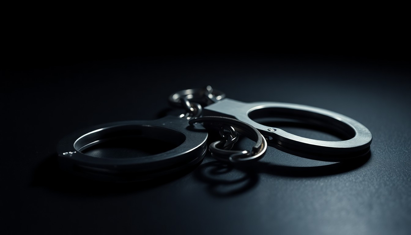 An extreme close-up photograph of a pair of metal handcuffs lying on a dark surface, the harsh lighting and shallow depth of field creating a stark, gritty, and investigative aesthetic that conceptually represents the escape of a dangerous criminal from custody.