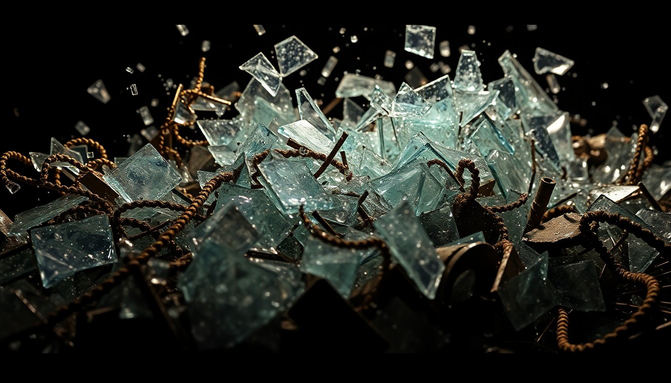 An extreme close-up of twisted, jagged metal and shattered glass from the wreckage of the S.S. Valbonera, captured in high-contrast studio lighting to create a gritty, high-tension visual metaphor for the tragic sinking of the ship and the loss of nearly 500 lives.