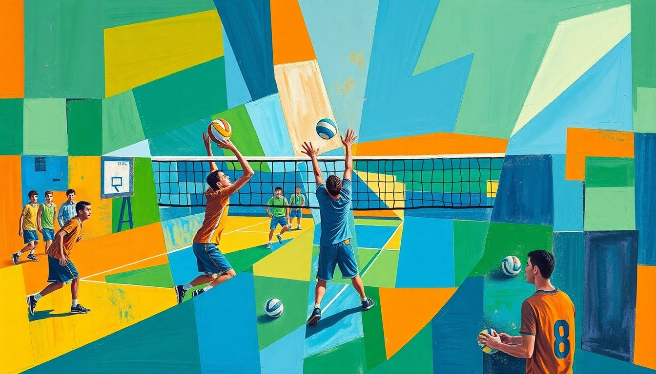 A cubist, geometric painting depicting a boys volleyball match, with sharp, overlapping planes of color representing the dynamic movements and competition of the game.