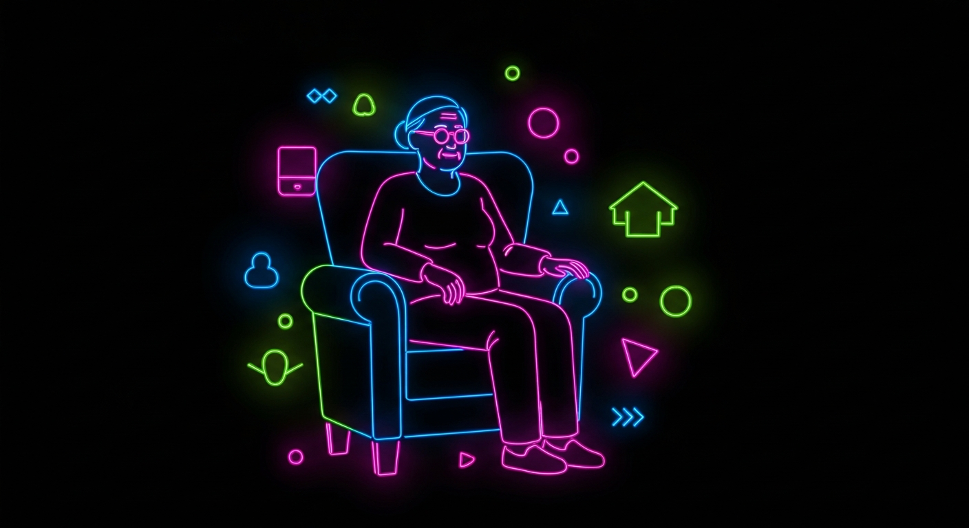 A glowing neon outline of an elderly person sitting in a comfortable armchair, surrounded by abstract shapes representing home care services, conveying the idea of personalized, compassionate support for seniors.
